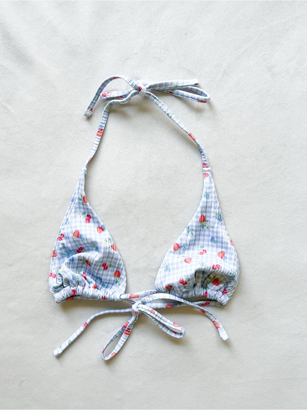 Hollister Light Blue Gingham Strawberry Print Triangle Bikini Top - XXS